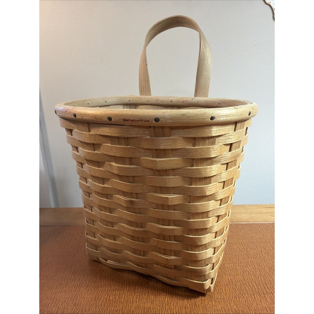 Vtg Hand Woven Splint Wood Hanging Basket 7" Tall